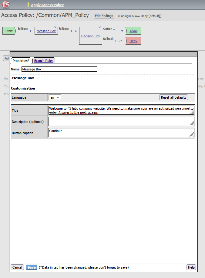 Add a new message box to the APM Policy